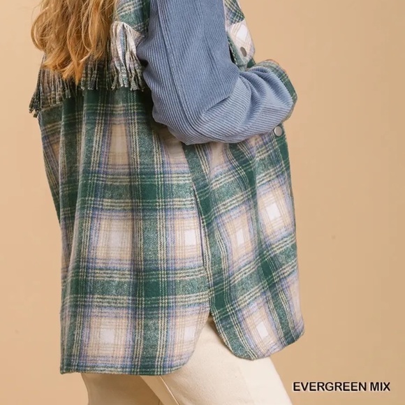 New UMGEE Plaid Flannel Fringe Shacket Magenta Green Snap Up Corduroy Sleeves - Picture 9 of 10